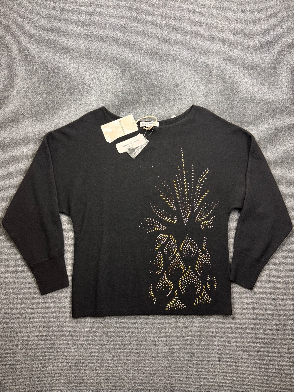 Tommy Bahama Sweater Women's Small Polished Pineapple Wool Cashmere Black 7064